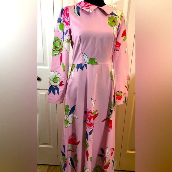 shein pink maxi dress Elenzga Summer Short Sleeve Beach Vacation Music Festival Pink Ditsy Floral Maxi  Dress